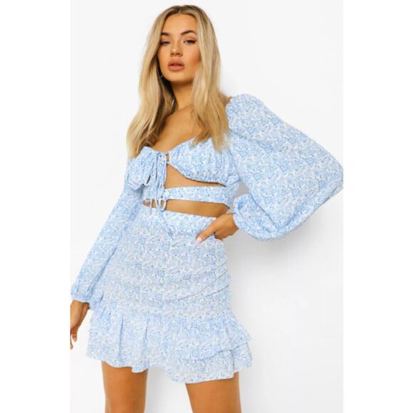 BOOHOO Floral Cut Out Ruffle Two Piece Set - Picture 2 of 9